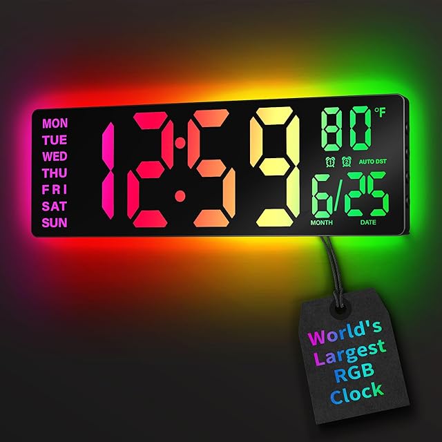16.5" Large Digital Wall Clock with Remote Control, RGB Atmosphere Lights with 11 Scenes Mode, Dual Alarms with Big LED Display, Auto DST, Temperature for Classroom Gaming