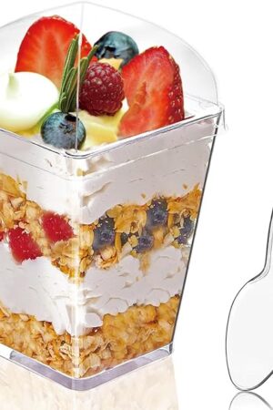 50Pack 5oz Clear Plastic Dessert Cups with Lids and Spoons, Reusable Square Parfait Appetizer Cups, Party Trifle Shooter Serving Cup, Mini Dessert Shot Glasses for Tasting