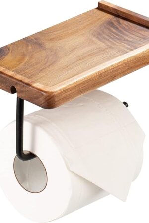 Yangbaga Black Toilet Paper Holder with Storage Shelf Wooden,Bathroom Toilet Tissue Roll Holder Wall Mount with Adhesive& Screw for Phone Candle Wipes Planter Pot