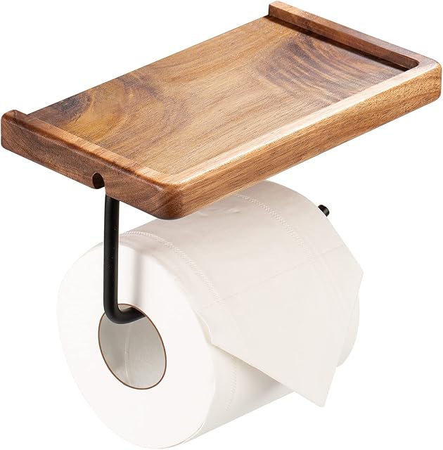 Yangbaga Black Toilet Paper Holder with Storage Shelf Wooden,Bathroom Toilet Tissue Roll Holder Wall Mount with Adhesive& Screw for Phone Candle Wipes Planter Pot