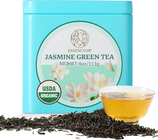 Essencesip Organic Jasmine Green Tea Loose Leaf, 4oz Tin | Scented 5x with 6,000 Fresh Jasmine Blossoms | Low Caffeine | Antioxidant-Rich