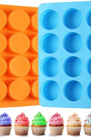 2PCS Silicone Oreo Molds, LCCOWOT 12 Cavity Cookie Chocolate Round Silicone Mold, Baking Mold for Chocolate, Oreo, Cookie, Cany, Mini Cake, Dishwasher Safe (Orange+Blue)