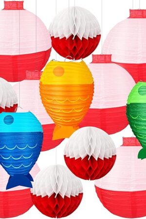13pcs Fishing Bobber Paper Lanterns Hanging Fish Shaped Lanterns Honeycomb Ball Decorations Red and White Paper Lanterns for Fishing Themed Party Decorations Birthday Decor Supplies.