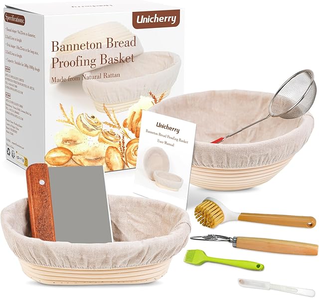 Banneton Bread Proofing Basket Set, 9-inch Round & 10-inch Oval Sourdough Proofing Basket with 6 Baking Tools, Sourdough Starter Kit for Professional and Home Baking, Perfect Holiday Gifts