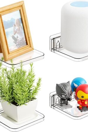 Yieach 5 Inch Mini Shelf for Wall,4 Pack No Drilling Small Adhesive Shelf,Plant Shelves Indoor,Small Acrylic Floating Shelves for Wall and Display Ledges Picture,Funko,Anime Figure,Figurine,Clear