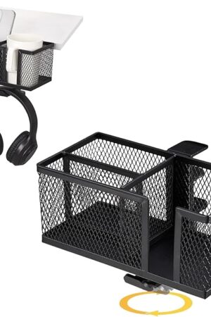 4 in 1 Metal Clip On Cup Holder Attachment for Gaming Desk or Table, Sturdy and Easy to Clamp, Attachable Anti-Spill Cup Holder for Salon Chair, Bedside, Water Bottles, Drinks, Headphones - Black
