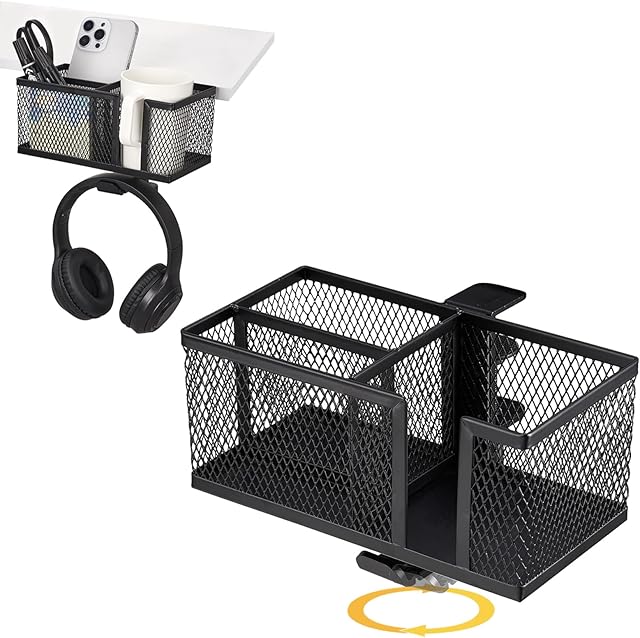 4 in 1 Metal Clip On Cup Holder Attachment for Gaming Desk or Table, Sturdy and Easy to Clamp, Attachable Anti-Spill Cup Holder for Salon Chair, Bedside, Water Bottles, Drinks, Headphones - Black