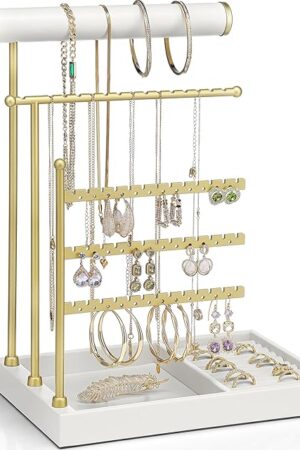 Vlando Jewelry Stand Organizer with Ring Holder, Jewelry Holder Organizer with Tray, Necklace Holder Bracket Holder Earring Holder - White
