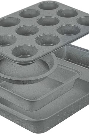 Baking Pans Set, Bakeware Sets with Grey Marble Coating, 5-Piece Baking Set for Oven, Nonstick Premium & Even Heating, Stackable, Carbon Steel, with Round/Square Cake Pan, Muffin, Bread Tin