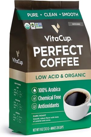VitaCup Perfect Low Acid Coffee Ground, Makes 28 Cups | Drip Coffee Brewers & French Press | Dark Roast Guatemala Single Origin, Mycotoxin Free, USDA Organic & Free Trade | 11oz