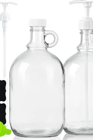 2 Pack 64 Oz Laundry Detergent Dispenser with Pump and Lid - Half Gallon Glass Pump Bottle for Laundry Soap Dispenser, Liquid Detergent, Fabric Softener Dispenser - Extra Label, Funnel