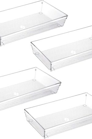 4 Pack 12"x 6" Large Size Clear Plastic Desk Drawer Organizer Tray Bathroom Office Kitchen Utensils Silverware Gadgets Dividers Desk Drawer Storage Bins Container for Dresser Cosmetic Makeup