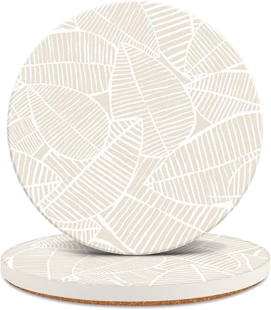Ceramic Table Coasters for Drinks Set of 2, Cute Desk Office Coasters with Cork, Funny Marble Glass Cup Posavasos Absorbent for Coffee or Plant, Heat-Resistant Protect Furniture (2Pack, Leaf)