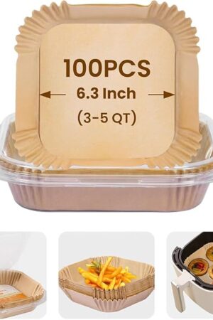Air Fryer liners Disposable: 100 Pieces Air Fryer Paper liners, Parchment Paper,Non-Stick Free of Bleach Baking Paper for 2-5QT Air Fryer Roasting Microwave (6.3IN-Square)