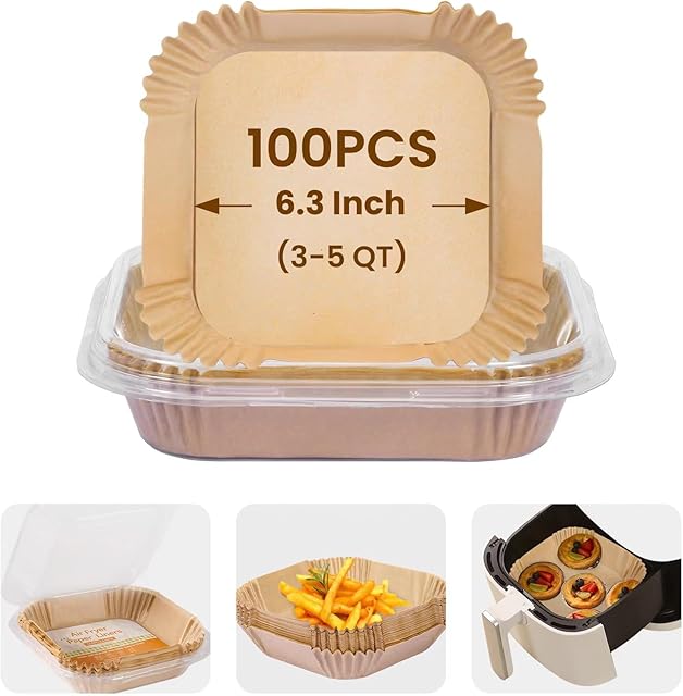 Air Fryer liners Disposable: 100 Pieces Air Fryer Paper liners, Parchment Paper,Non-Stick Free of Bleach Baking Paper for 2-5QT Air Fryer Roasting Microwave (6.3IN-Square)