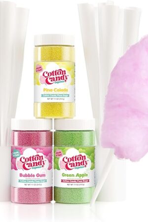 Cotton Candy Express Floss Sugar plus Cones with 3 - 11oz Plastic Jars of Bubble Gum, Green Apple & Pina Colada Flossing Sugars. 50 Paper Cones Included. Use with Cotton Candy Express Machine