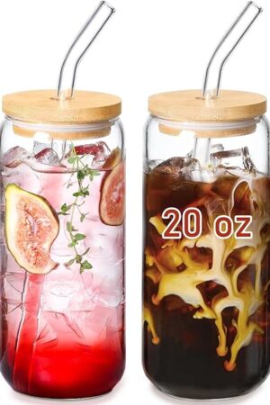 VITEVER 20 OZ Glass Cups with Bamboo Lids and Glass Straw - Beer Shaped Drinking Glasses Set, Iced Coffee Glasses, Cute Tumbler Cup, Aesthetic Coffee Bar Accessories, Gift - 2 Pack