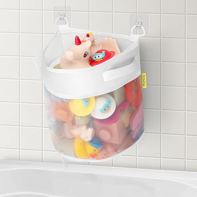 Bath Toy Storage, 1.55 Gallons Bath Toy Holder, Shower Caddy Bottom Zipper Bathtub Toys Storage Organizer Bag, Quick Access Baby Shower Games Bath Tub Toys Organizer Accessory White (S)