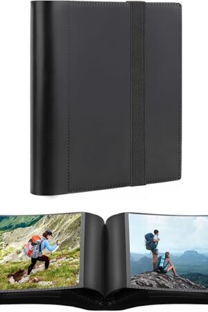 Aevdor 5x7 Photo Album Holds 64 Photos Black Inner Pages with Strong Elastic Band, Small Photo Album 5x7, Mini Picture Book for 5 x 7 Artwork, Pictures, Kids Art Storage, Postcards, Drawings (Black)