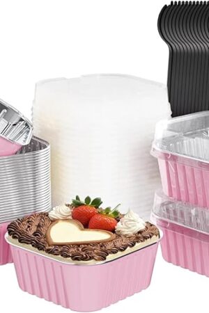 25 Pack Square Mini Cake Pans with Lids,Mini Loaf Pans with Lids,Aluminum Foil Baking Cups,Disposable Ramekins Cupcake Cups,Dessert Cups for Wedding Birthday Party Picnics,5oz (Pink)