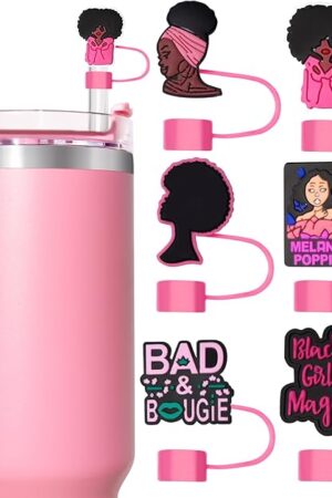 6PCS Pink Black Girl Straw Covers for Stanley Cup๏ผCute Silicone Straw Topper for 10mm Drinking Straw Tip Covers Stanley Cup Accessories
