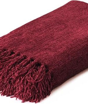 Burgundy Red Chenille Throw Blanket for Couch Bed，Soft Cozy Throw Blanket with Handmade Fringe, Decorative Blanket for Sofa Chair Living Room for Gift, (Burgundy Red)