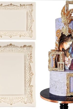 Baroque Photo Frame Fondant Molds Picture Frame Silicone Mold Vintage Mirror Frame Molds for Cake Decoration Cupcake Topper Chocolate Candy Polymer Clay Gum Paste Set of 2