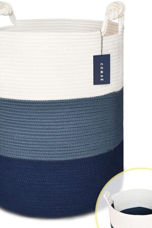 COMSE Extra Large Blanket Basket, Tall Woven Storage Basket, Nursery Hamper, 15.7?x 21.7?, Cotton Rope Laundry Hamper for Toys Clothes Towels, White/Cadet Blue/Navy Blue