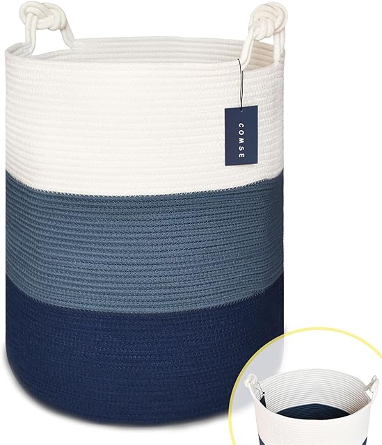 COMSE Extra Large Blanket Basket, Tall Woven Storage Basket, Nursery Hamper, 15.7?x 21.7?, Cotton Rope Laundry Hamper for Toys Clothes Towels, White/Cadet Blue/Navy Blue