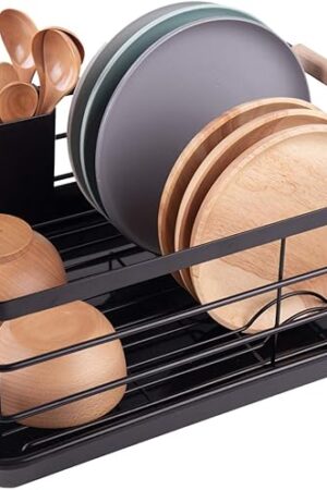 BRIAN & DANY Dish Drying Rack, Dish Racks for Kitchen Counter, Stainless Steel Dish Drainer with Removable Cutlery Holder & Drainboard, Black