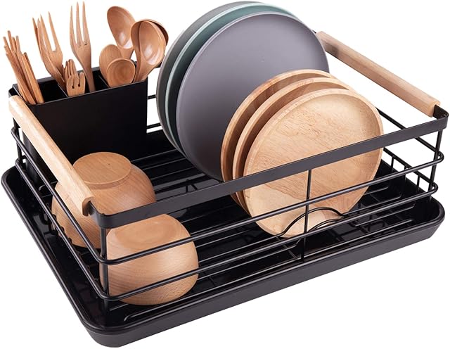 BRIAN & DANY Dish Drying Rack, Dish Racks for Kitchen Counter, Stainless Steel Dish Drainer with Removable Cutlery Holder & Drainboard, Black