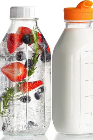 32 oz Reusable Glass Milk Bottles with Silicone Dispenser Cap, 2 Pack Glass Jars with Airtight Screw Lid, Leak Proof Juice Bottles with Scale Mark Breastmilk Storage Container for Fridge