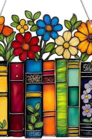Book Ornament Stained Glass Window Hanging Acrylic, Teacher Back to School Gift, Bookish Gifts for Librarian, Book Lovers, Reader, Women, Suncatcher Effect Decor for Christmas Tree (Floral Shelf)
