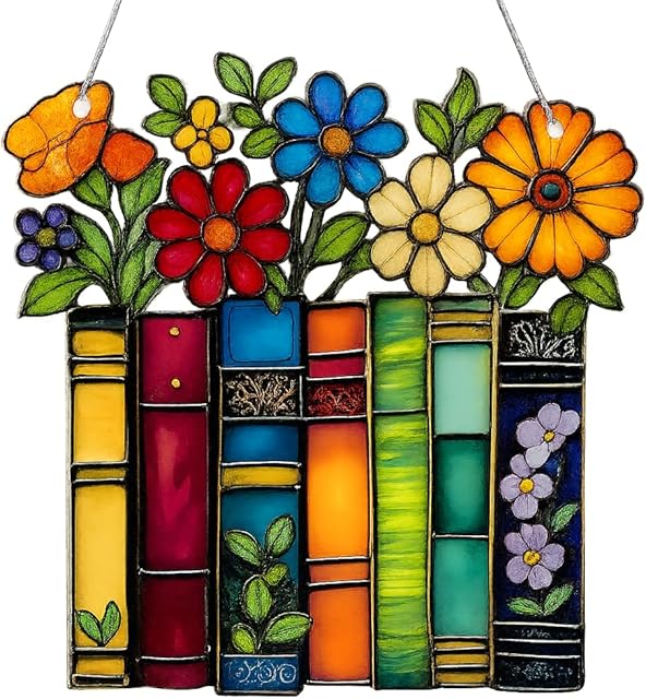Book Ornament Stained Glass Window Hanging Acrylic, Teacher Back to School Gift, Bookish Gifts for Librarian, Book Lovers, Reader, Women, Suncatcher Effect Decor for Christmas Tree (Floral Shelf)