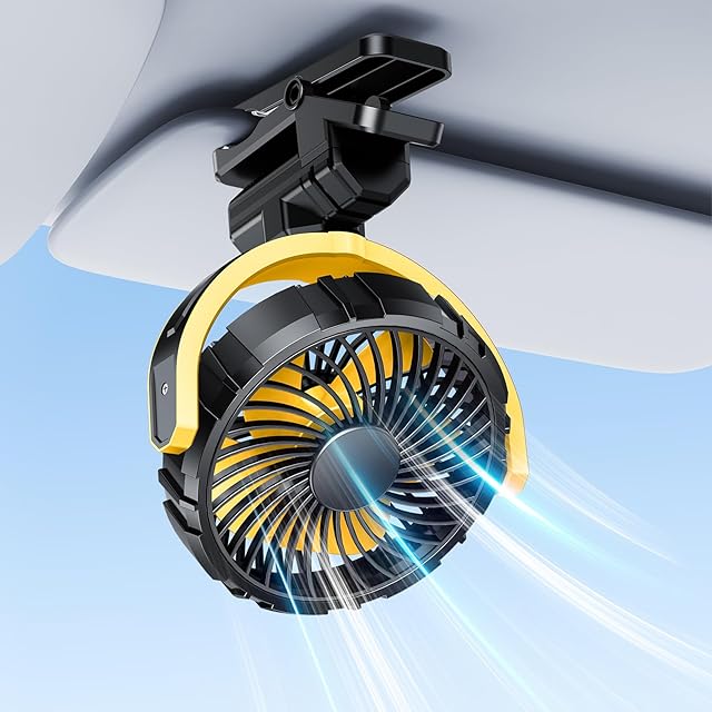 Car Fan Battery Powered Visor Back Seat Roof Handles, Portable Clip On Fan for Car Rechargeable for SUV Van RV Pickup Truck Camping Desk Bed Stroller Baby Crib, Quiet 360 Rotation(Yellow)