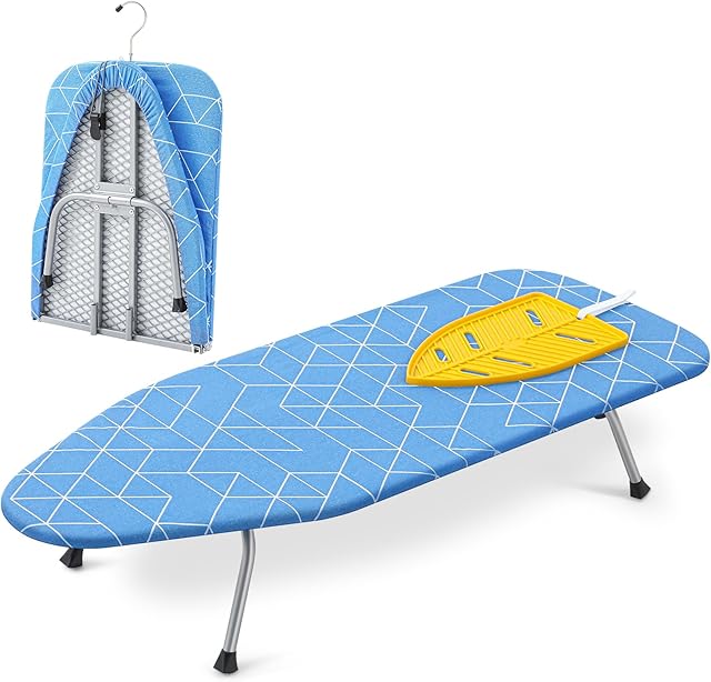 Chunful Tabletop Ironing Board with Iron Rest 32 x 12 Inch Small Compact Travel Foldable Ironing Board with Silicon Mat Portable Non Slip Feet Table for Dorm and Small Space(Classic,Blue)