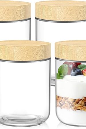 DRKIO 16 Oz Overnight Oats Containers with Bamboo Lids - 4 Pack Glass Storage Jars with Airtight Lids Wide Mouth Mason Food Jars Great for Meal Prep Salad Chia Pudding Snacks Yogurt Sugar Spice Cereal
