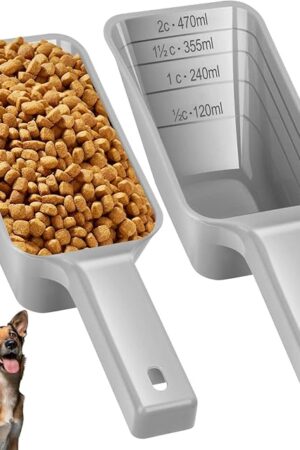 2 Cup Dog Food Scoop(2 Pack), Plastic Pet Food Scoop with Measuring Lines for Accurate Pet Food Portions,Dishwasher Safe (Gray)