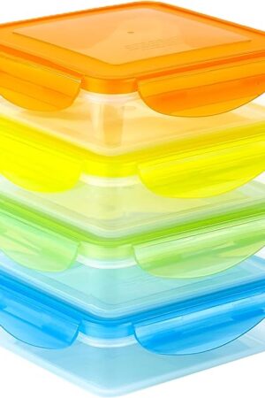 4 Pack - Fun Size Sandwich Containers - Reusable, BPA Free Plastic, Snap Shut Lids with Leakproof Silicone Seal. Great for Sandwiches, Snacks & Storage (Sky Blue, Yellow, Orange & Green)