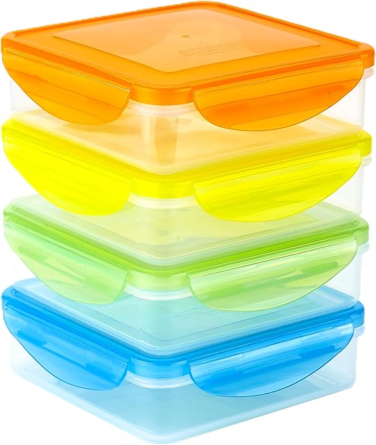 4 Pack - Fun Size Sandwich Containers - Reusable, BPA Free Plastic, Snap Shut Lids with Leakproof Silicone Seal. Great for Sandwiches, Snacks & Storage (Sky Blue, Yellow, Orange & Green)