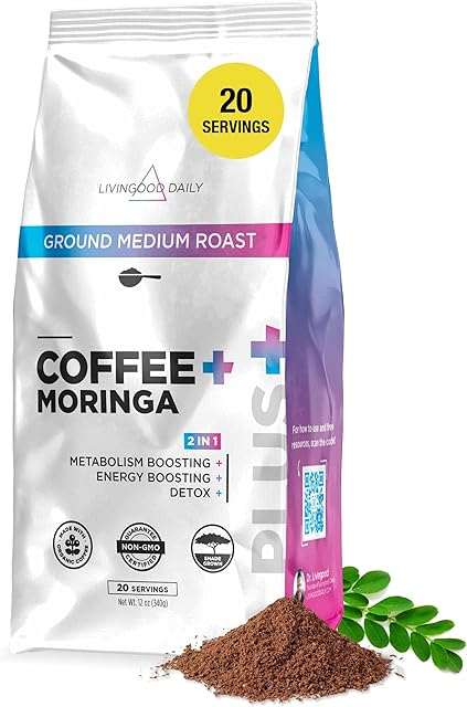 Livingood Daily Coffee with Moringa, Ground Medium Roast Coffee with Plant Based Ingredients for Morning Energy, Made with Moringa Powder, Organic, Non GMO, Vegan, Gluten Free, 20 Servings, 12 oz Bag