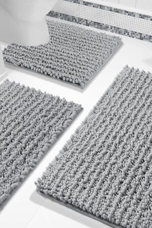 Yimobra Bathroom Rug Set 3 Piece Chenille U-Shaped Rug Bath Mats for Shower Tub Bathroom Grey