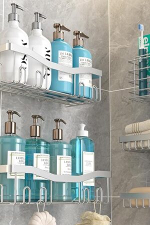 Adhesive Shower Caddy, No Drilling Bath Organizers 5 Pack, Rustproof Shelves with Soap Holder & Toothbrush Holder, Bathroom Organizers and Storage, Silver