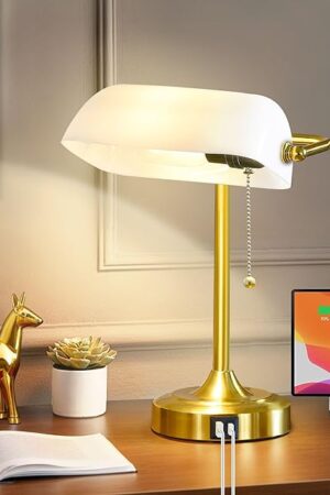 Vintage Desk Lamp Bankers Lamp - Retro Table Lamp with USB & Type C Charging Ports Traditional Pull Chain Switch Library Lamp for Home Office Nightstand Bedroom Side Table Lamp(T45 Bulb Included)