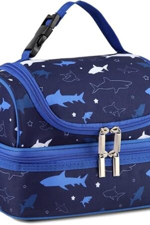 VASCHY Lunch Box Bag Kids, Insulated Two Compartments Cooler Bags for Boys Girls w Shoulder Strap for School,Daycare,Kindergarten,Picnic Shark