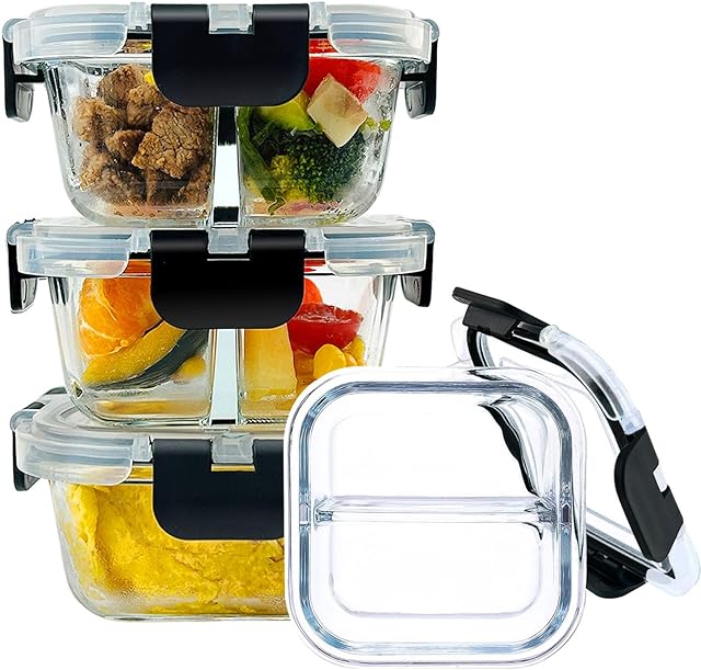 Bariatric Meal Prep Containers, 8 oz Glass Bariatric Portion Control Containers with Two 4 oz Compartments (3 Pack), Reusable Lunch Box Bento Box with Lids, Glass Snack Containers with Lids