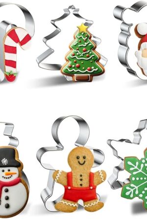 Christmas Cookie Cutter Set 6 Pieces - Christmas Tree, Gingerbread Man, Snowman, Snowflake, Candy Cane, Santa Face Shapes for Holiday Food Party Decorations and Baking