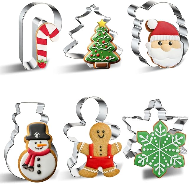 Christmas Cookie Cutter Set 6 Pieces - Christmas Tree, Gingerbread Man, Snowman, Snowflake, Candy Cane, Santa Face Shapes for Holiday Food Party Decorations and Baking