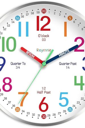 Wall Clock for Kids Learning to Tell Time Easily Non Ticking Battery Operated Kids Teaching Clock Silent Colorful Teaching Time Clock Decorative for Kids Room Classroom School (8 Inch)