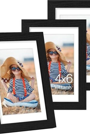 Vittanly 4x6 Picture Frame Set of 3, Display Pictures 3.5x5 with Mat or 4x6 without Mat for Wall Mounting or Tabletop, Picture Frames for Wall Decor, Engineered Wood, Black